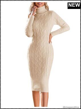 Turtleneck Sweater Dress Knit Bodycon Midi Long Sleeve Pullover Women
